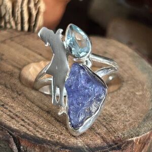 925 Sterling blue topaz amethyst reach for the sky ring